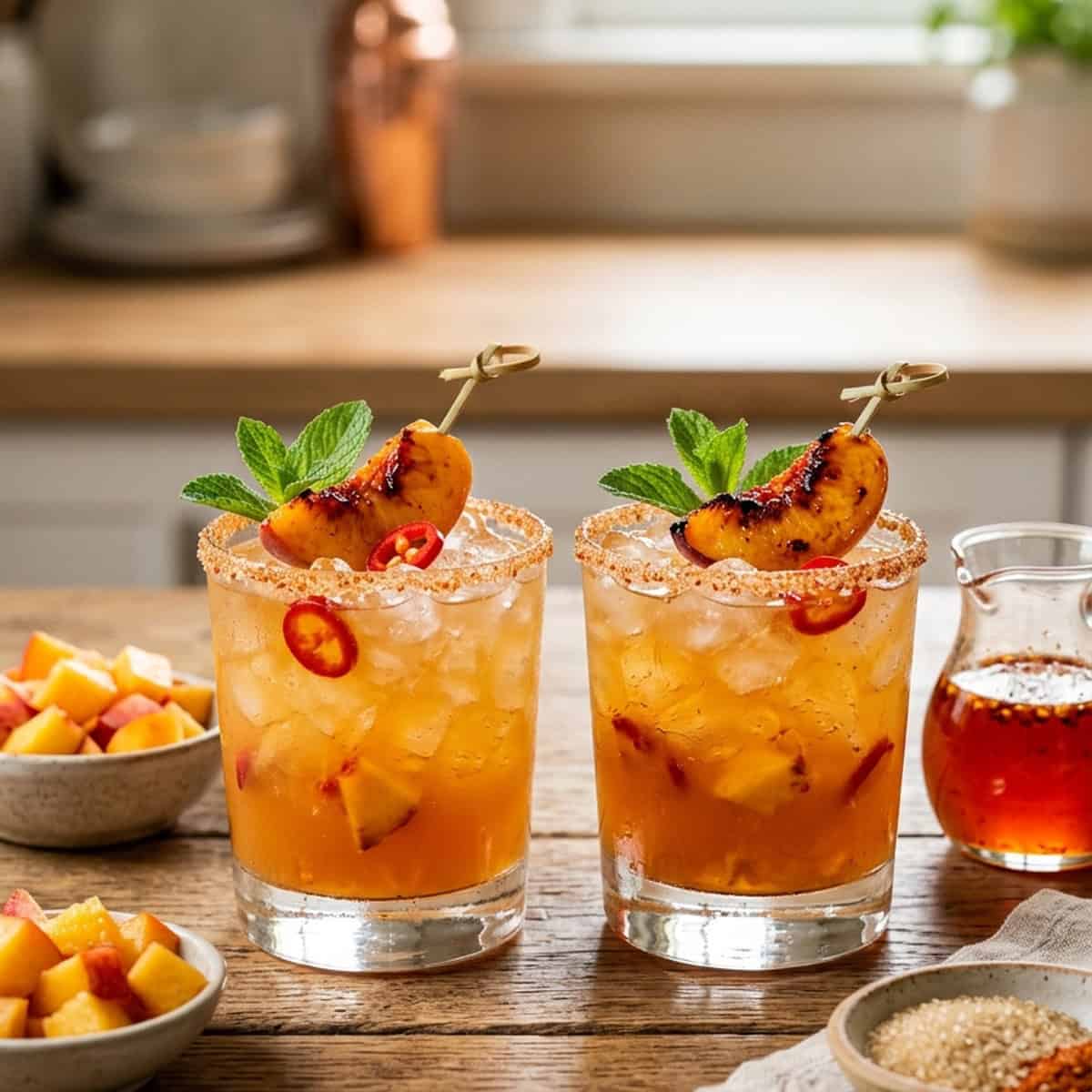 Fruchtig-scharfer Pfirsich-Rum-Cocktail mit Chili-Sirup