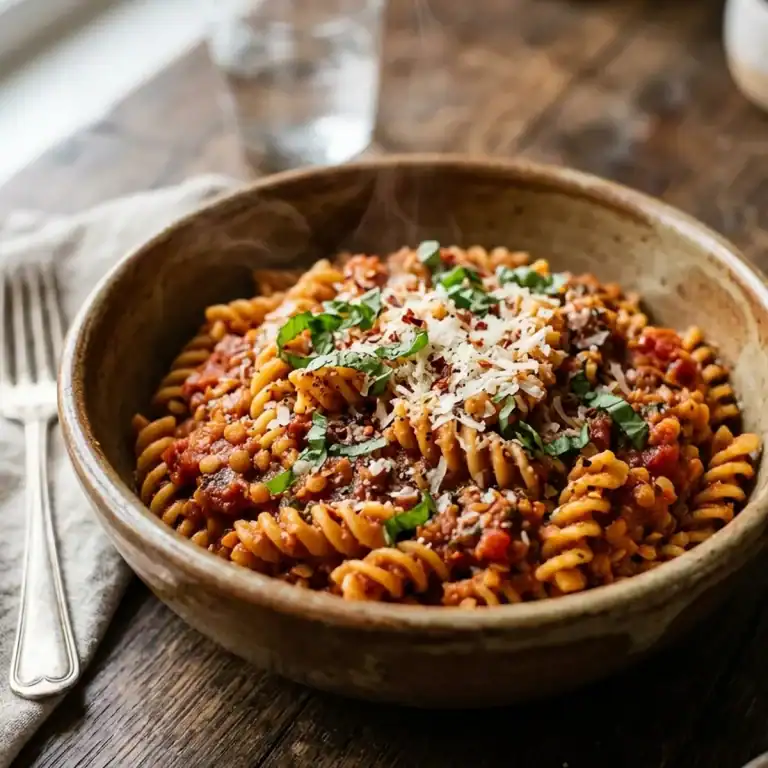 Tiefes Keramikschälchen mit dampfender Pasta in roter Linsensauce, garniert mit frischem Basilikum und Chiliflocken auf dunklem Holztisch.