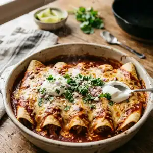 Eine Auflaufform voller überbackener Pulled-Pork-Enchiladas mit geschmolzenem Käse, roter Sauce und frischem Koriander.