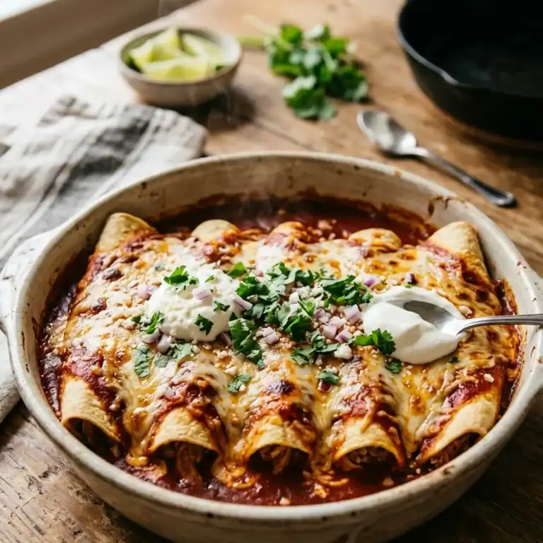 Eine Auflaufform voller überbackener Pulled-Pork-Enchiladas mit geschmolzenem Käse, roter Sauce und frischem Koriander.