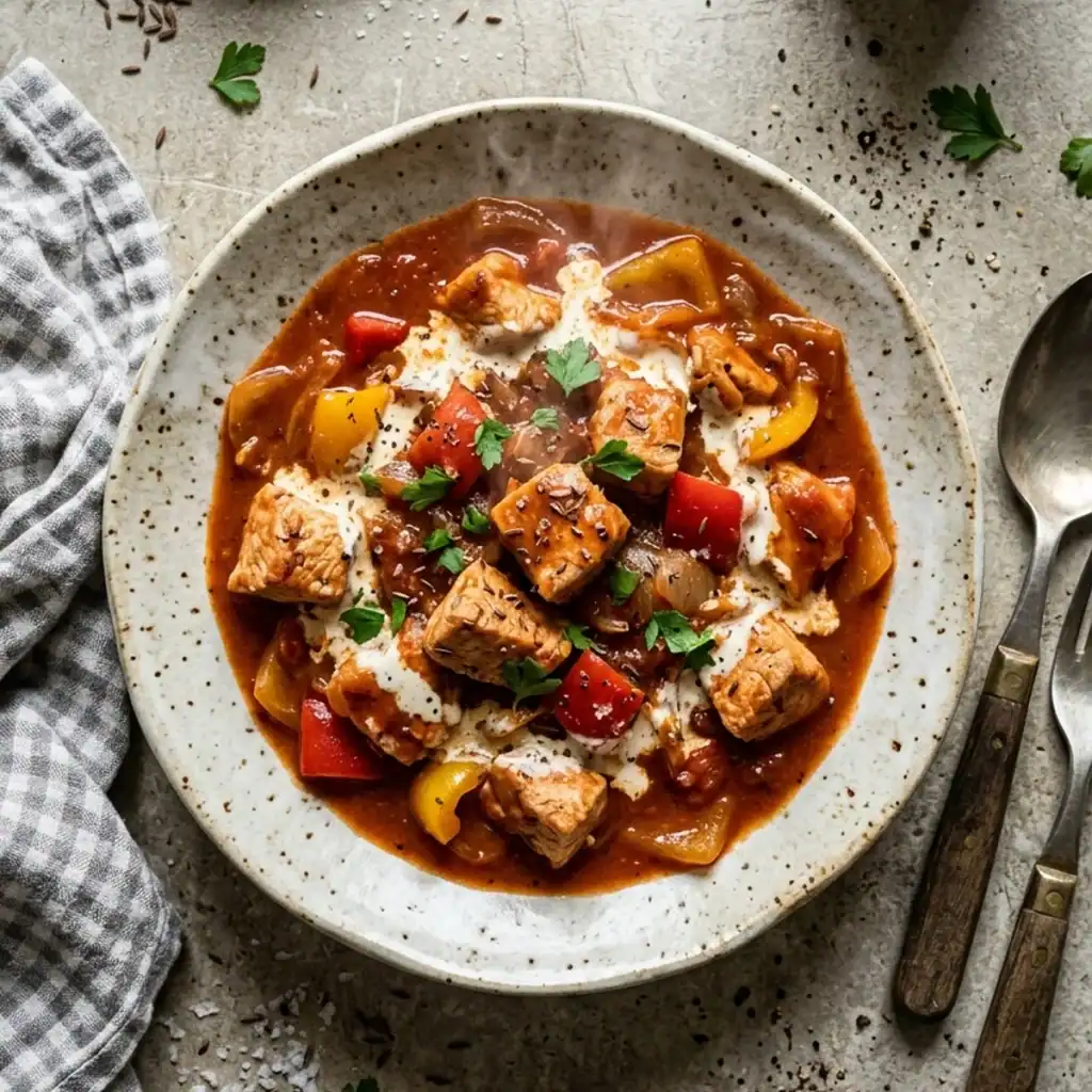 Draufsicht auf Zartes Putengulasch mit Paprika in feiner Sauce