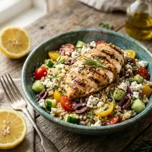 Bunter mediterraner Quinoa-Salat in einer Keramikschüssel mit gegrillten Hähnchenstreifen, Kirschtomaten, Gurken, Oliven und Feta.