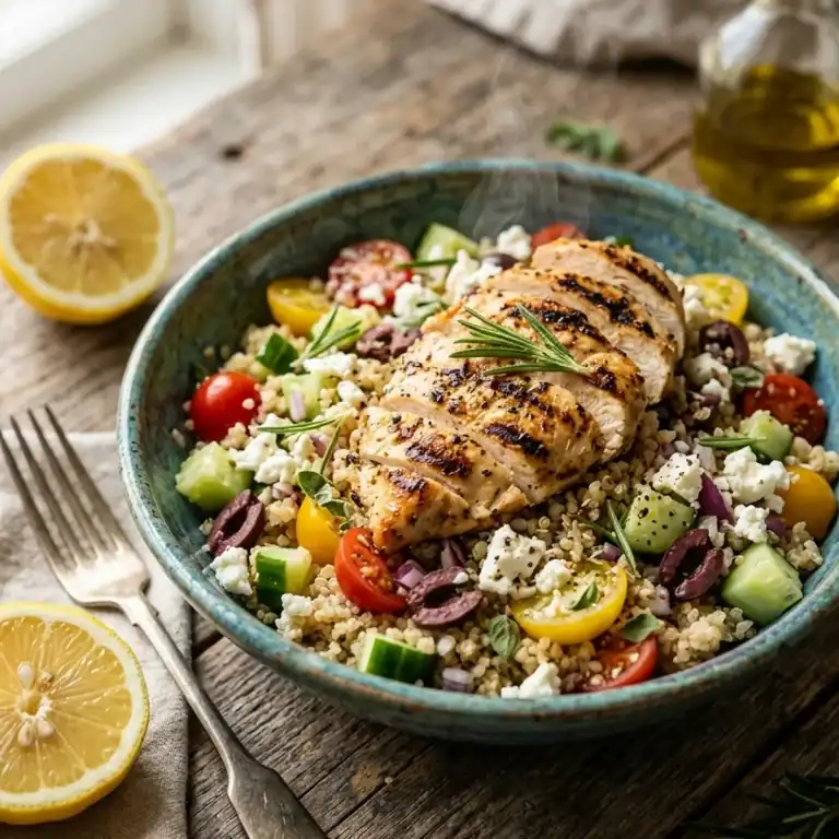 Bunter mediterraner Quinoa-Salat in einer Keramikschüssel mit gegrillten Hähnchenstreifen, Kirschtomaten, Gurken, Oliven und Feta.