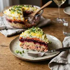 Festlicher Räucherlachs-Schichtsalat mit Roter Bete, Kartoffeln und feiner Eierhaube