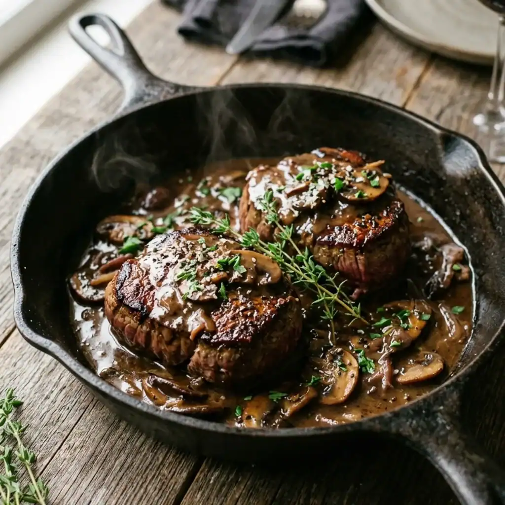 Saftig gebratenes Filet Mignon in einer dunklen, cremigen Champignonsauce verfeinert mit frischem Thymian in einer gusseisernen Pfanne.