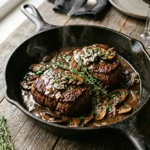 Saftig gebratenes Filet Mignon in einer dunklen, cremigen Champignonsauce verfeinert mit frischem Thymian in einer gusseisernen Pfanne.
