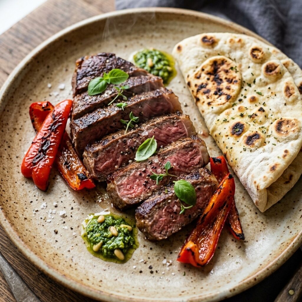 Saftig aufgeschnittenes Rumpsteak medium-rare gebraten, belegt mit leicht angekohlten roten Paprikastreifen, garniert mit grünem Basilikumpesto und serviert mit frischem Fladenbrot.