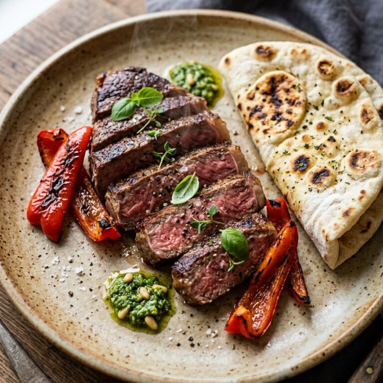 Saftig aufgeschnittenes Rumpsteak medium-rare gebraten, belegt mit leicht angekohlten roten Paprikastreifen, garniert mit grünem Basilikumpesto und serviert mit frischem Fladenbrot.