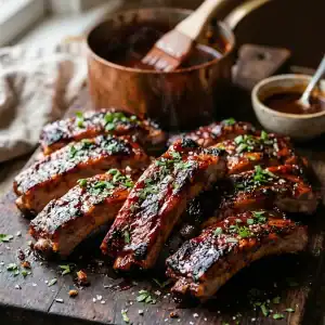 Saftig glänzende, karamellisierte BBQ-Rippchen serviert auf einem rustikalen Holzbrett mit frischer Petersilie garniert
