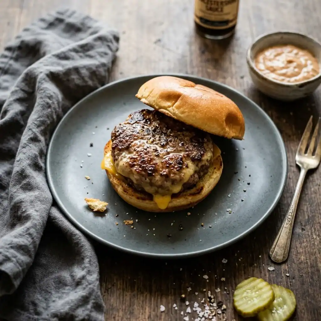 Ein saftig gegarter Burger mit goldbraun karamellisiertem Rindfleisch-Patty und geschmolzenem Käse im Brioche-Brötchen auf einem rustikalen Teller.