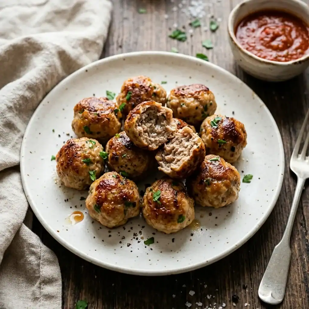 Draufsicht auf frisch gebackene, saftige Fleischbällchen mit goldbrauner Kruste auf einem rustikalen Keramikteller neben Kräutern und Tomatendip.