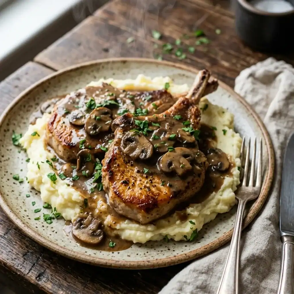 Zart gegarte Schweinekoteletts auf cremigem Kartoffelpüree, überzogen mit einer reichhaltigen Champignon-Rahmsauce und frischer Petersilie.