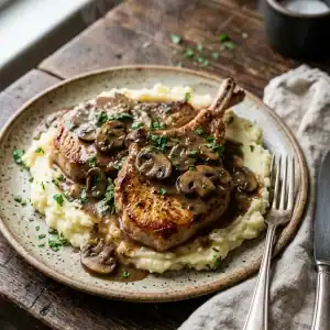 Zart gegarte Schweinekoteletts auf cremigem Kartoffelpüree, überzogen mit einer reichhaltigen Champignon-Rahmsauce und frischer Petersilie.