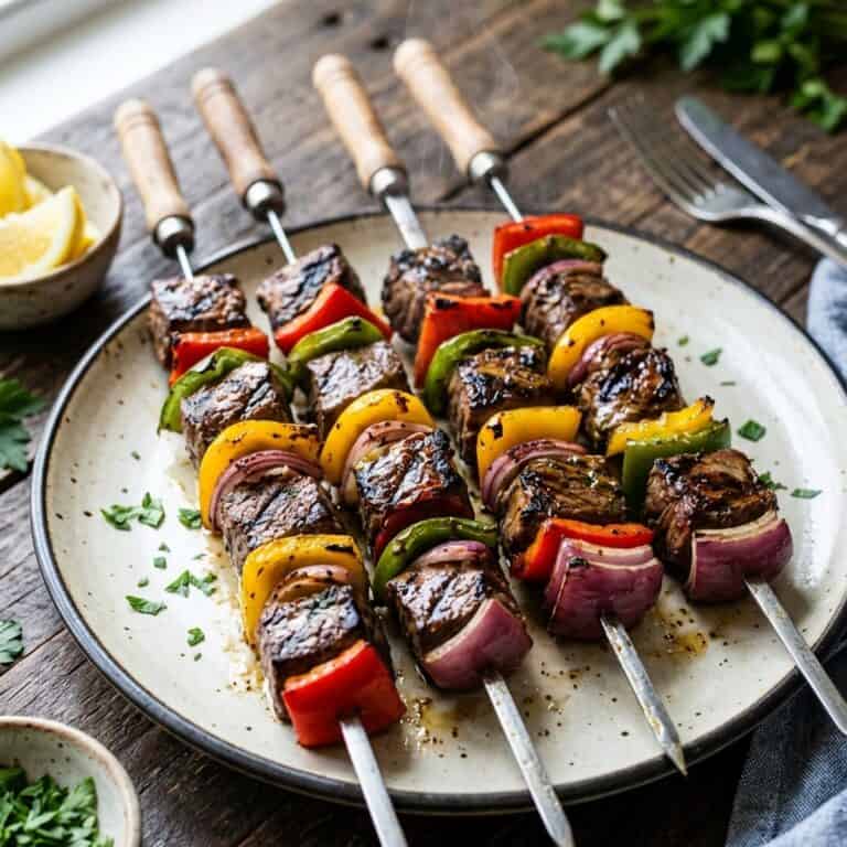 Frisch gegrillte Rindfleisch-Spieße mit gebräunten Fleischwürfeln, roter und grüner Paprika sowie roten Zwiebeln auf einer rustikalen Holzplatte serviert.