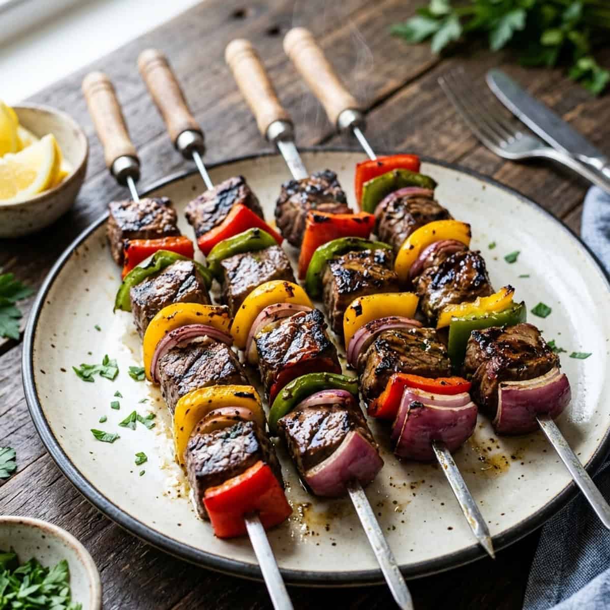 Saftige Rindfleisch-Spieße vom Grill mit bunter Paprika und herzhafter Marinade