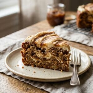 Ein angeschnittenes Stück saftiger Apfelbutter-Kuchen mit zweifarbiger Frischkäse-Schicht und Zimtmarmorierung auf einem rustikalen Kuchenteller.