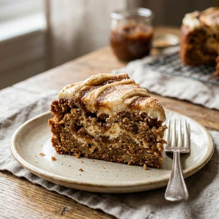 Ein angeschnittenes Stück saftiger Apfelbutter-Kuchen mit zweifarbiger Frischkäse-Schicht und Zimtmarmorierung auf einem rustikalen Kuchenteller.