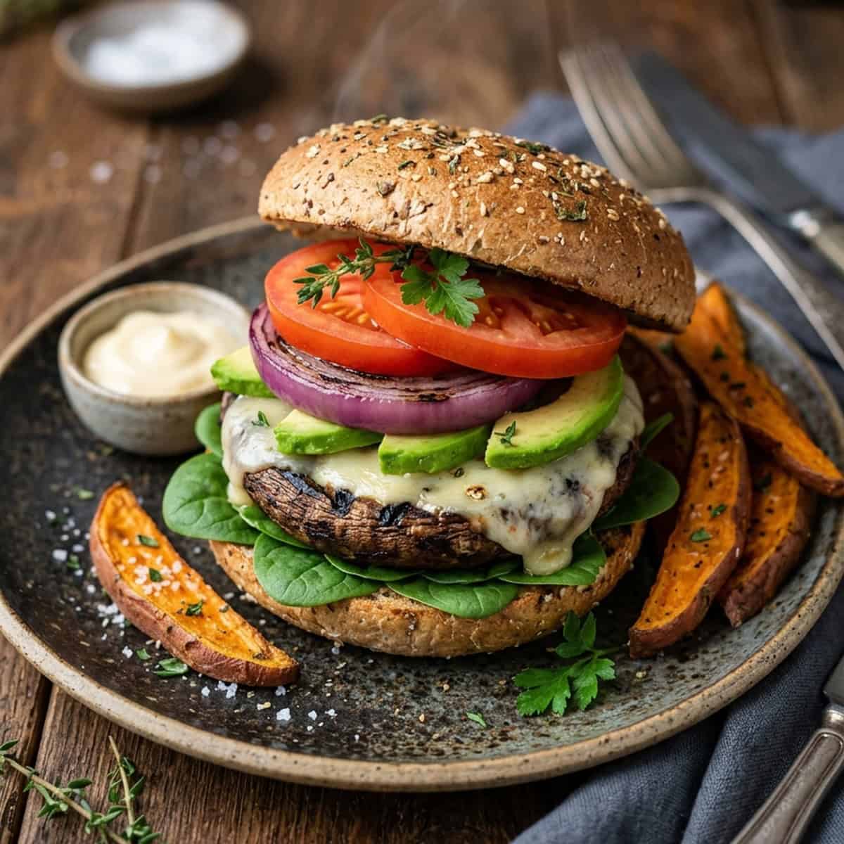 Saftiger Portobello-Burger vom Grill mit geschmolzenem Käse und Avocado