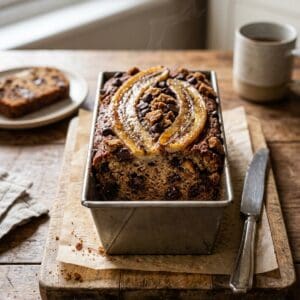 Frisch gebackenes Bananenbrot in Kastenform mit Karamellkeks-Marmorierung, geschmolzenen Schokodrops und einer längs halbierten Banane als Garnitur.