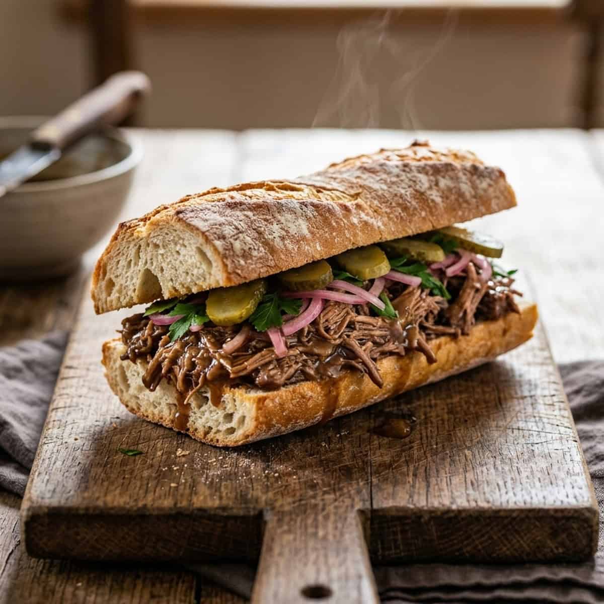 Saftiges Pulled-Beef-Sandwich mit würziger Bratensauce und Essiggurken
