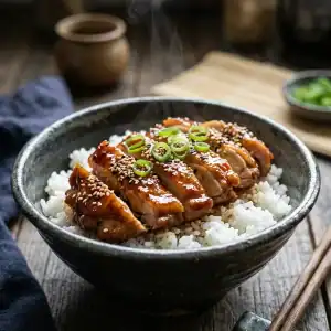 Saftig gebratene Teriyaki-Hähnchenstreifen mit dunkler Glasur und Sesam auf gedämpftem Reis in einer dunklen Schale.