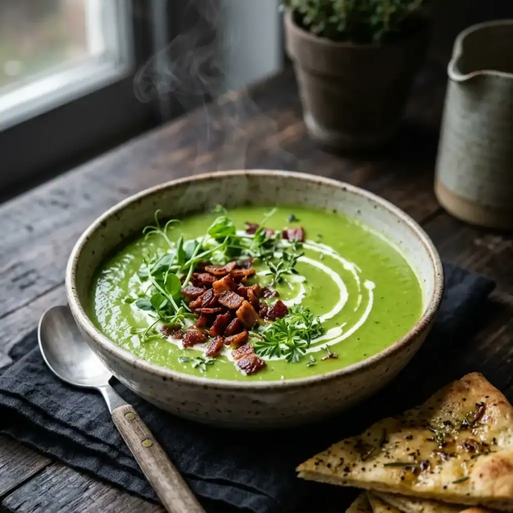 Eine Schale samtig grüne Erbsencremesuppe garniert mit krossem Speck, daneben goldbraune Fladenbrotecken auf einem rustikalen Holztisch.