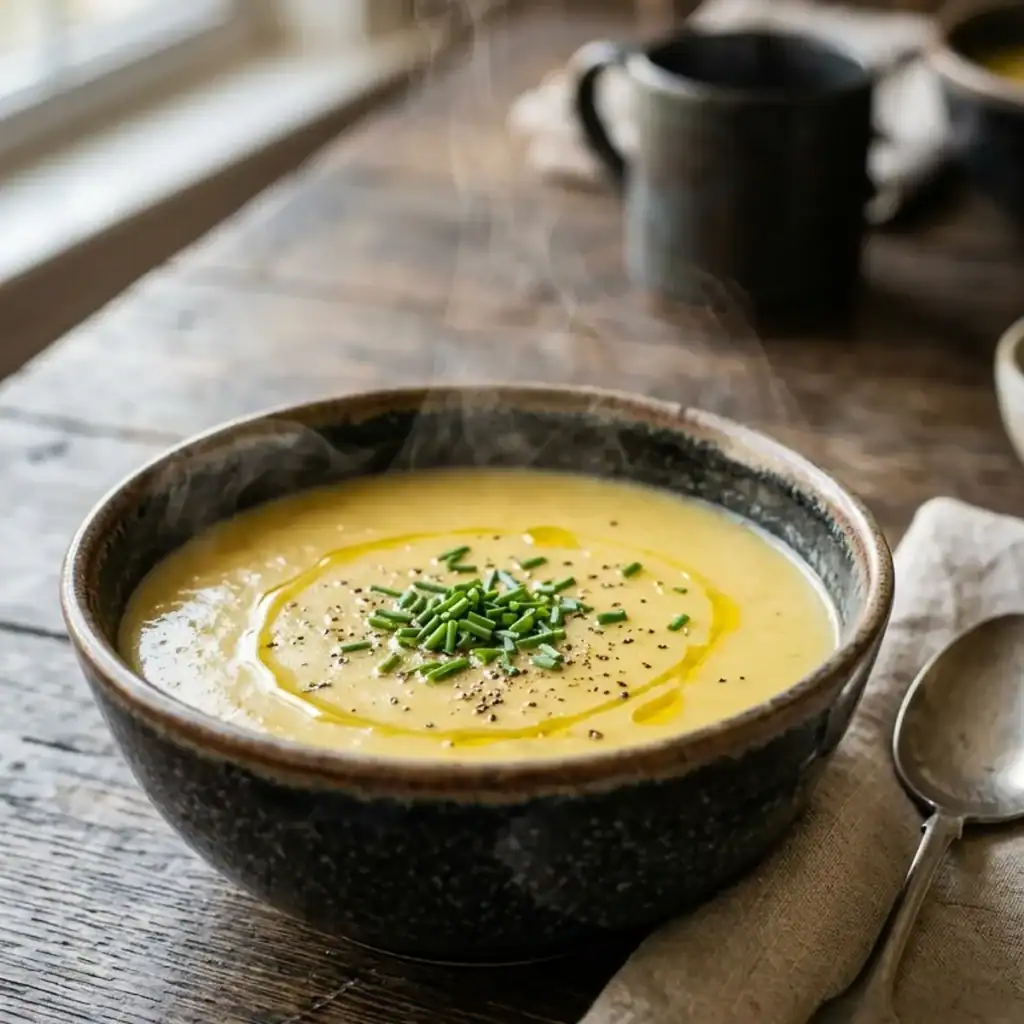 Eine Schale dampfende, cremige gelbe Kartoffelsuppe mit gehacktem Schnittlauch und frischem Pfeffer auf einem rustikalen Holztisch