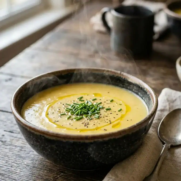 Eine Schale dampfende, cremige gelbe Kartoffelsuppe mit gehacktem Schnittlauch und frischem Pfeffer auf einem rustikalen Holztisch