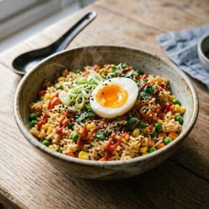 Dampfende asiatische Gemüsereis-Bowl mit halbiertem weichgekochtem Ei, Frühlingszwiebeln und feinem Sriracha-Drizzle