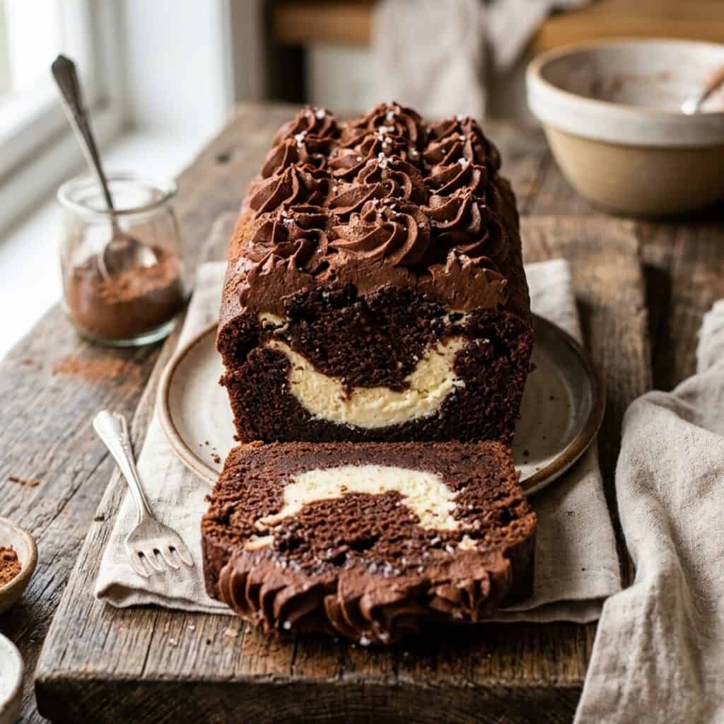 Ein saftiger Schoko-Kastenkuchen mit sichtbarem hellem Cheesecake-Kern in der Mitte, gekrönt von dunkler Schokoladenbuttercreme, in Scheiben geschnitten.