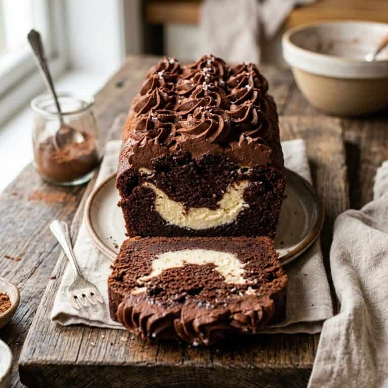Ein saftiger Schoko-Kastenkuchen mit sichtbarem hellem Cheesecake-Kern in der Mitte, gekrönt von dunkler Schokoladenbuttercreme, in Scheiben geschnitten.