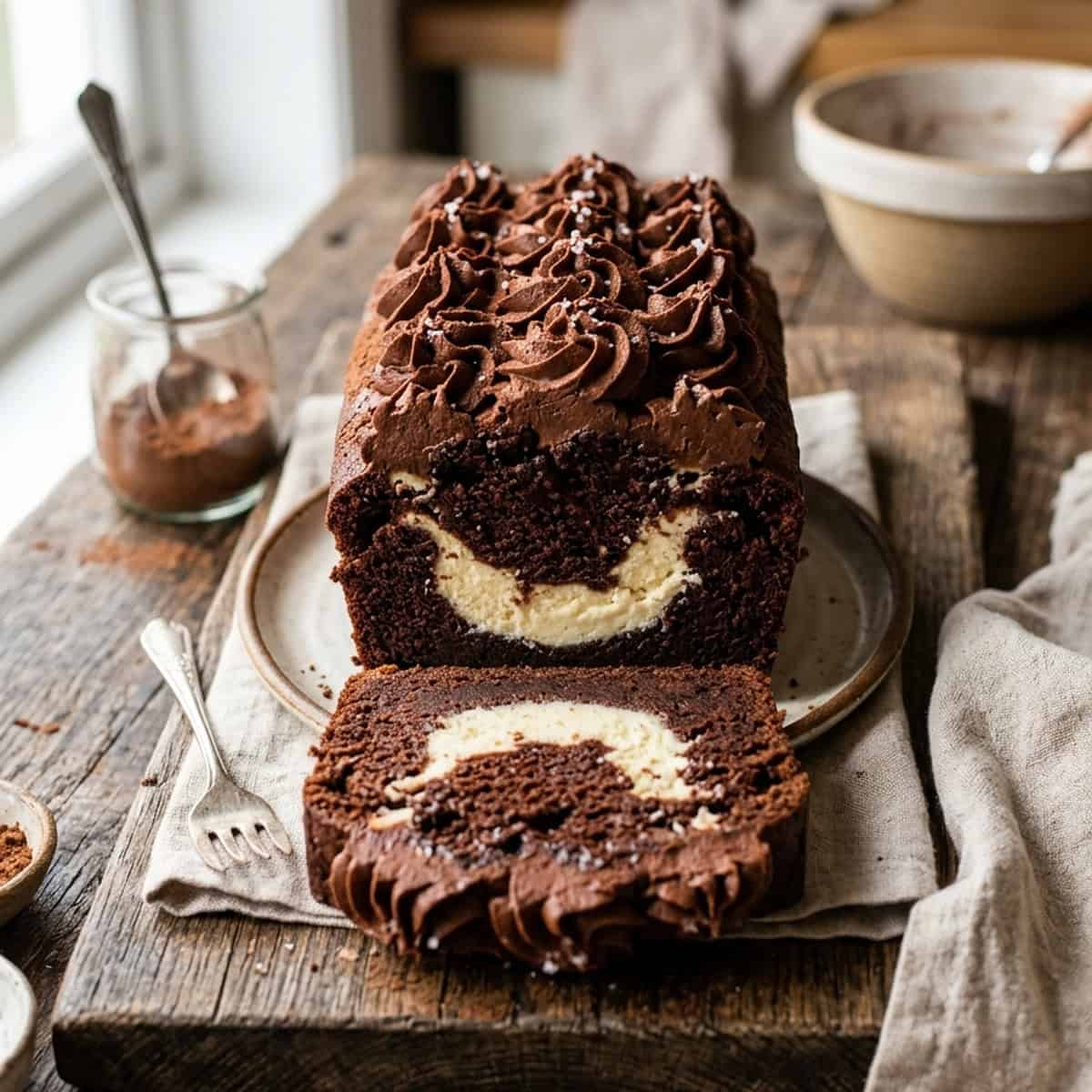 Saftiger Schoko-Kastenkuchen mit cremiger Cheesecake-Füllung