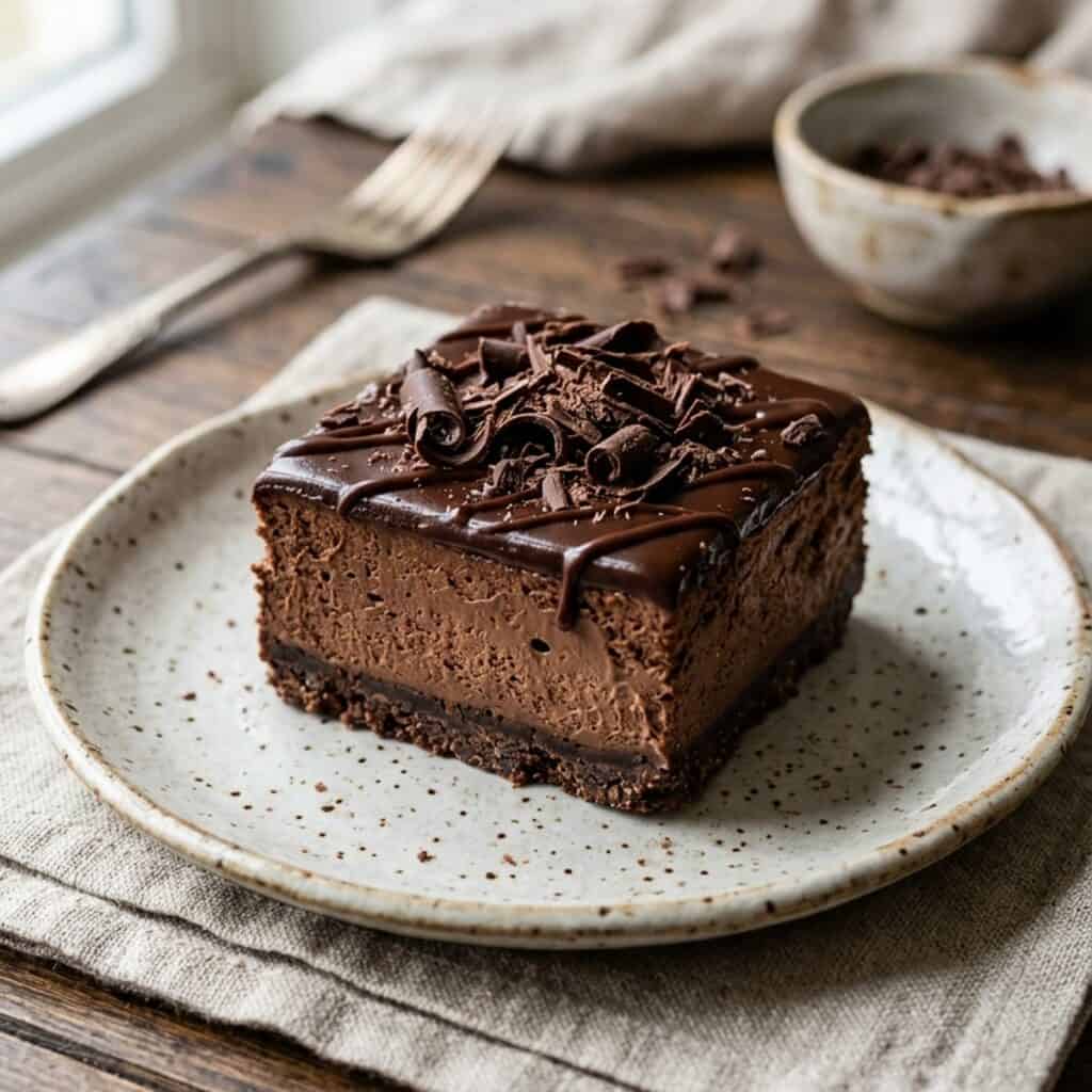 Saftig aufgeschnittene Schoko-Käsekuchen-Schnitten mit Keksboden und feinen Schokoraspeln auf einem Holzbrett serviert