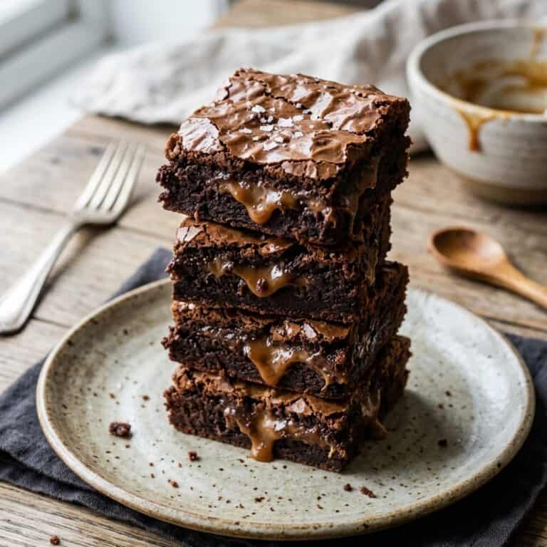 Frisch gebackene, saftige Schoko-Brownies auf einem Holzbrett, aufgeschnitten mit zart geschmolzenem, glänzendem Karamellkern.