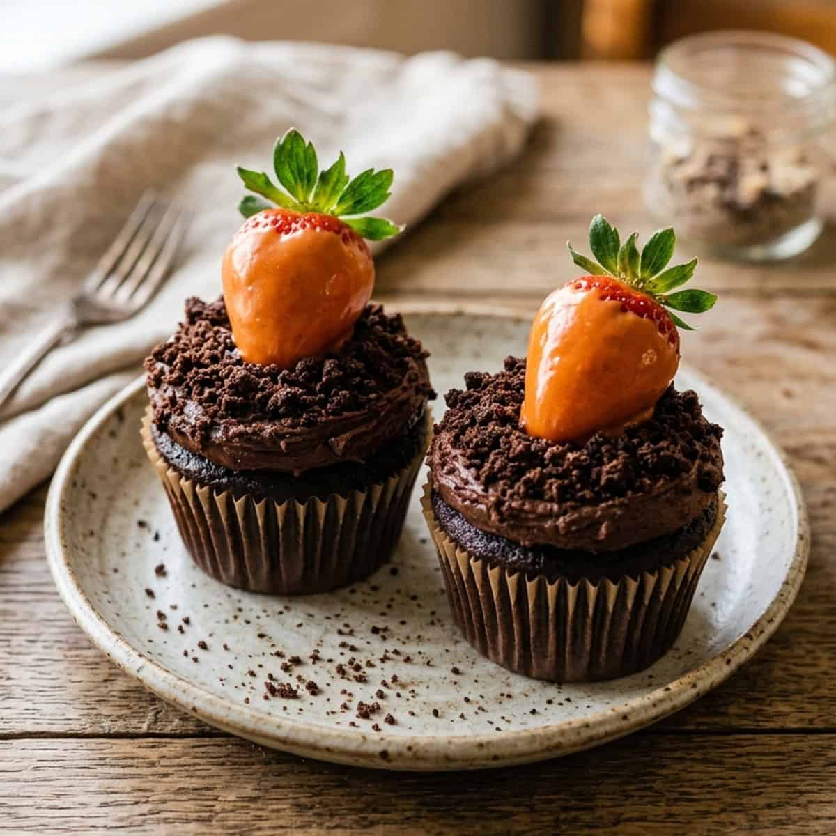 Kreative Schoko-Möhrenbeet-Cupcakes mit glasierten Erdbeeren