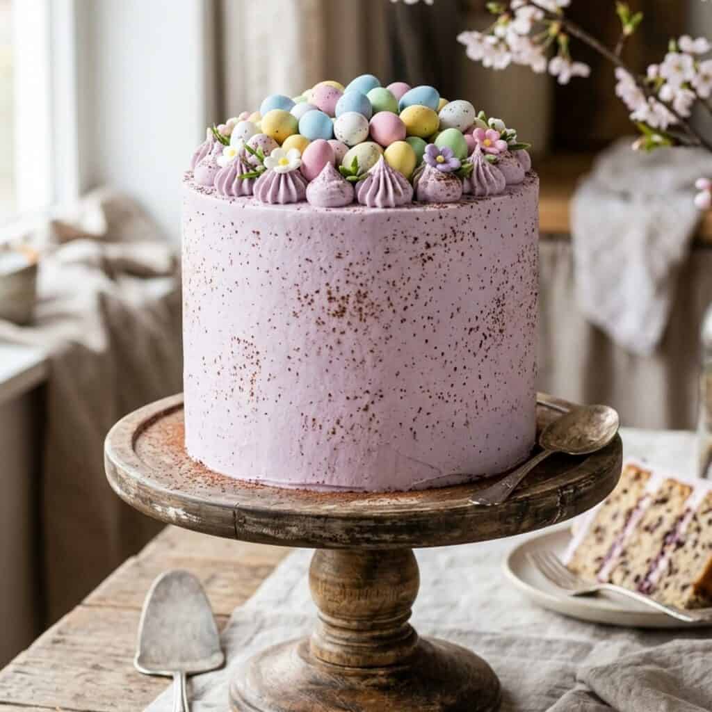 Mehrstöckige festliche Schoko-Ostertorte mit fliederfarbener Buttercreme, feinen Kakaosprenkeln im Wachtelei-Look und bunten Schoko-Zuckereiern garniert auf einer Tortenplatte