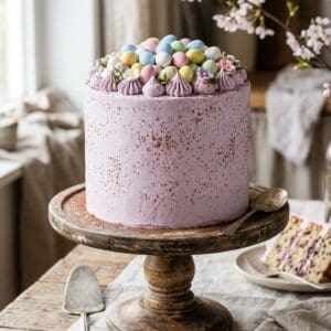 Mehrstöckige festliche Schoko-Ostertorte mit fliederfarbener Buttercreme, feinen Kakaosprenkeln im Wachtelei-Look und bunten Schoko-Zuckereiern garniert auf einer Tortenplatte