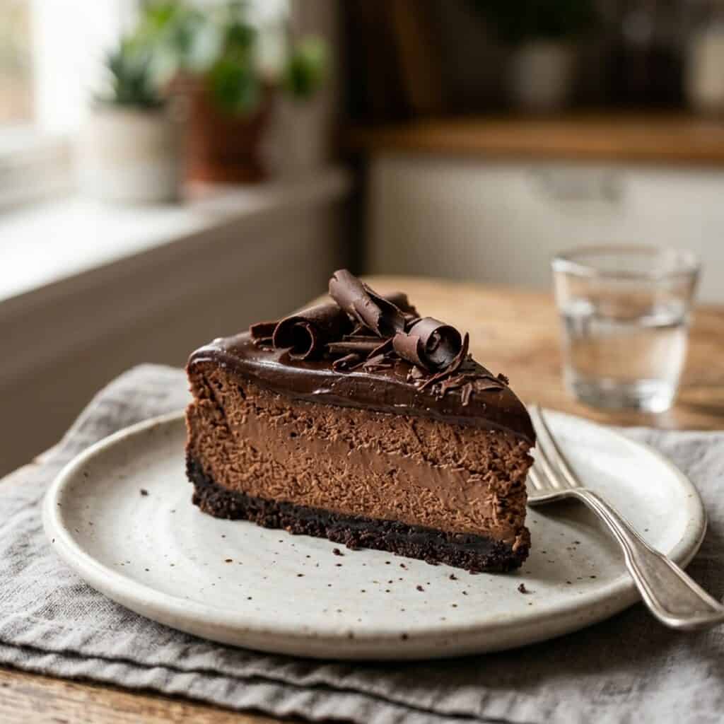 Ein Stück cremiger dunkler Schokoladen-Cheesecake mit glänzender Schokoglasur und Schokoraspeln auf einem Teller.