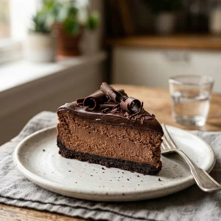 Ein Stück cremiger dunkler Schokoladen-Cheesecake mit glänzender Schokoglasur und Schokoraspeln auf einem Teller.