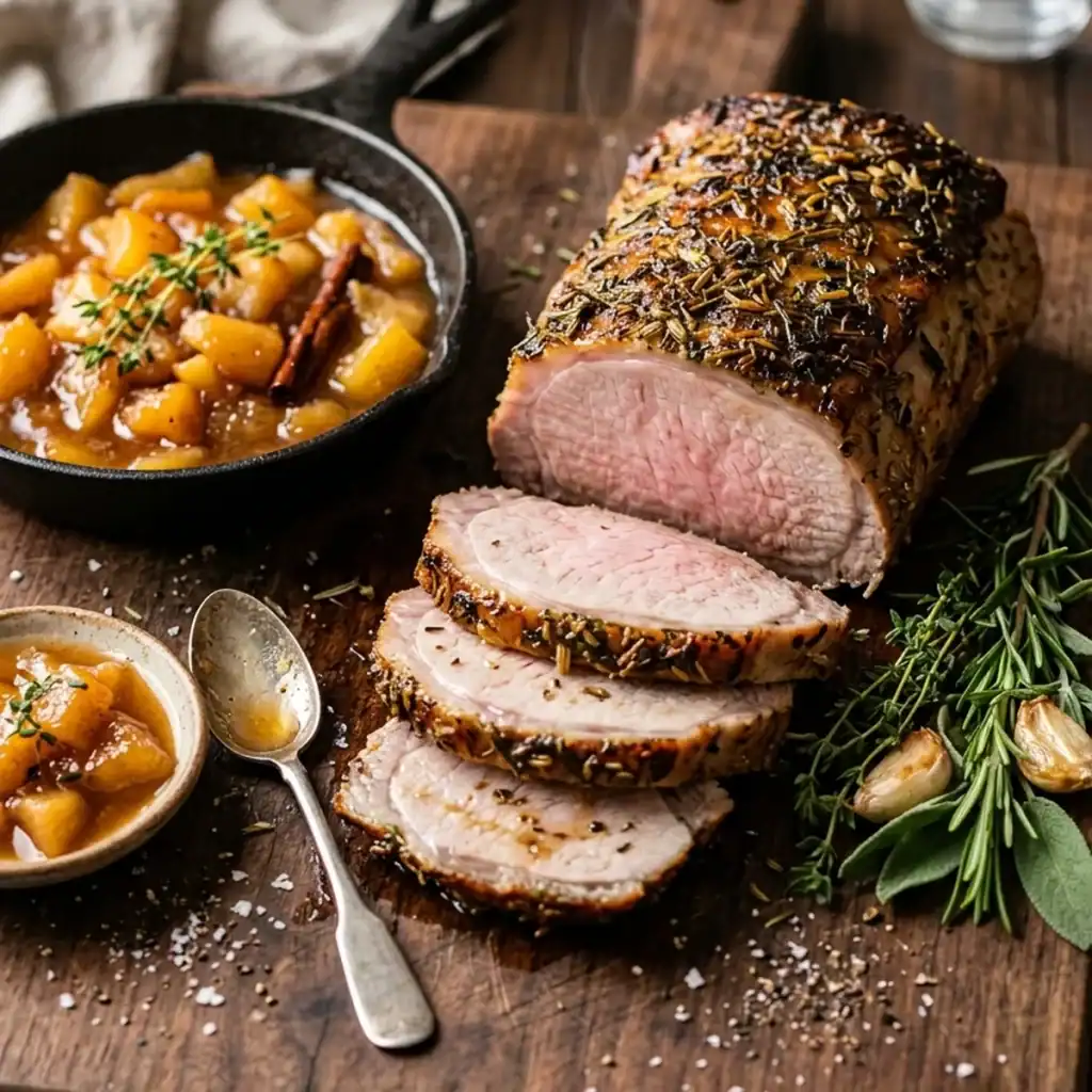 Aufgeschnittener saftiger Schweinebraten mit dunkelgrüner Kräuterkruste, serviert mit karamellisierten Apfel- und Quittenstücken auf einem Holzbrett.