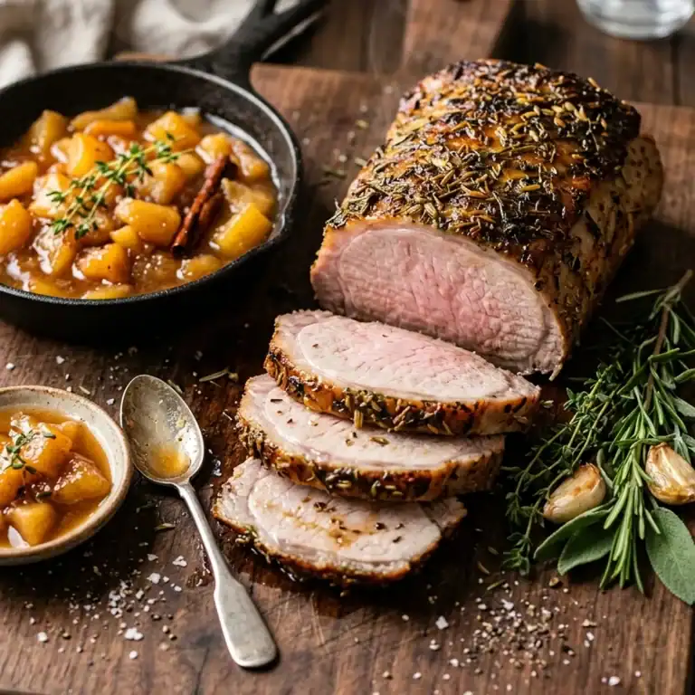 Aufgeschnittener saftiger Schweinebraten mit dunkelgrüner Kräuterkruste, serviert mit karamellisierten Apfel- und Quittenstücken auf einem Holzbrett.