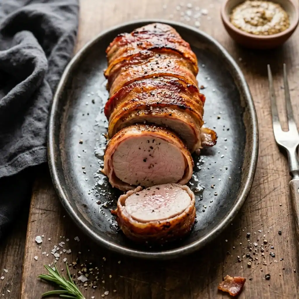 Saftig aufgeschnittenes Schweinefilet im krossen Baconmantel auf einer rustikalen Servierplatte