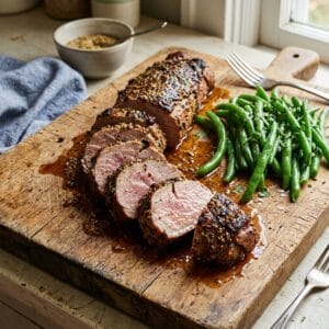 In Medaillons aufgeschnittenes, zartrosa gebratenes Schweinefilet in Dijon-Knoblauch-Kruste mit Rosmarinkartoffeln und knackigen grünen Bohnen auf einem Teller
