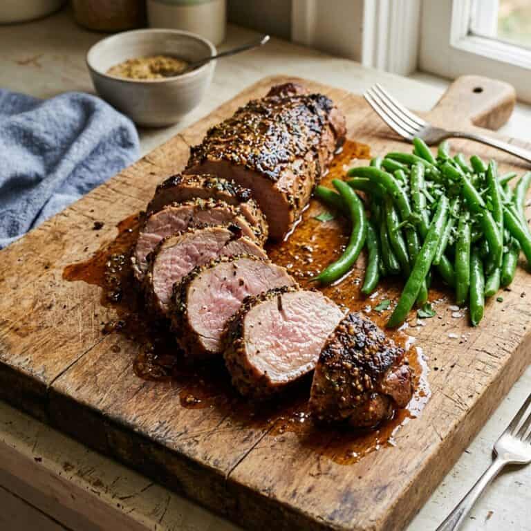 In Medaillons aufgeschnittenes, zartrosa gebratenes Schweinefilet in Dijon-Knoblauch-Kruste mit Rosmarinkartoffeln und knackigen grünen Bohnen auf einem Teller