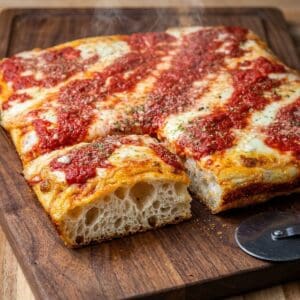 Frisch zubereitetes Gericht: New York Sicilian Pizza (Sizilianische Blechpizza)