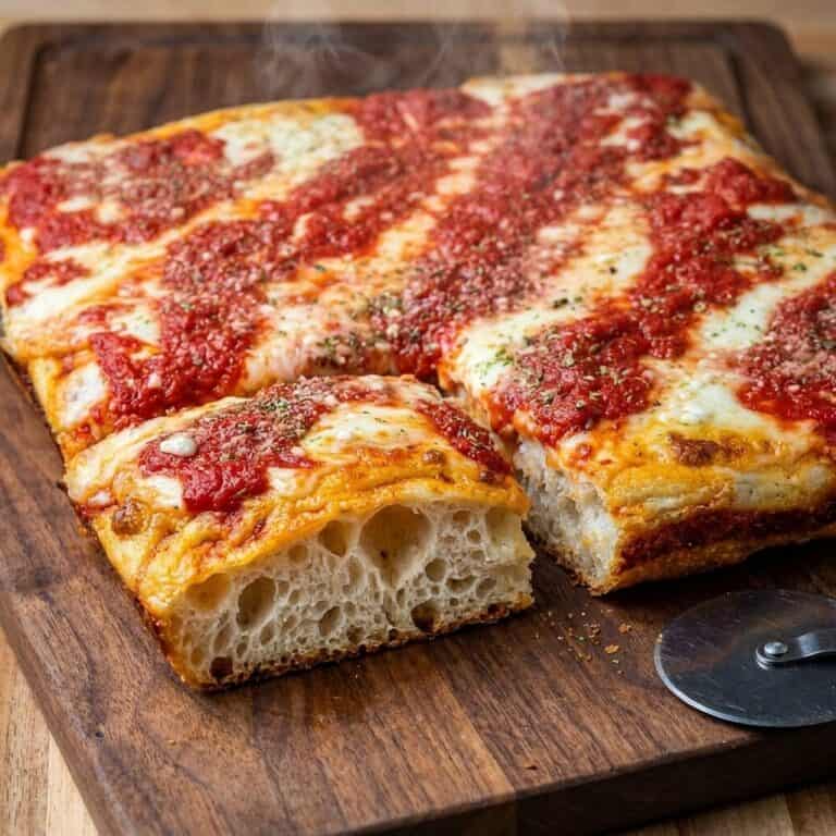Frisch zubereitetes Gericht: New York Sicilian Pizza (Sizilianische Blechpizza)
