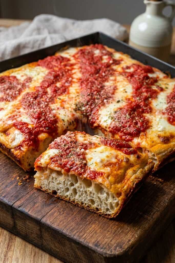 Echte New York Sicilian Blechpizza mit fluffig-knusprigem Teigboden