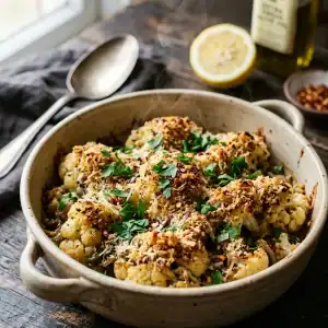 Frisch gebackener Blumenkohl in einer rustikalen Auflaufform mit goldbrauner Pecorino-Semmelbrösel-Kruste und frischer Petersilie.