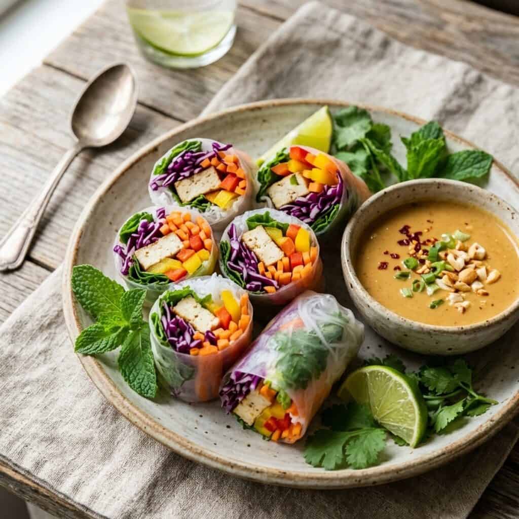 Halbierte frische Sommerrollen mit bunter Tofu- und Gemüsefüllung auf einer dunklen Platte neben einer Schale cremigem Cashew-Dip
