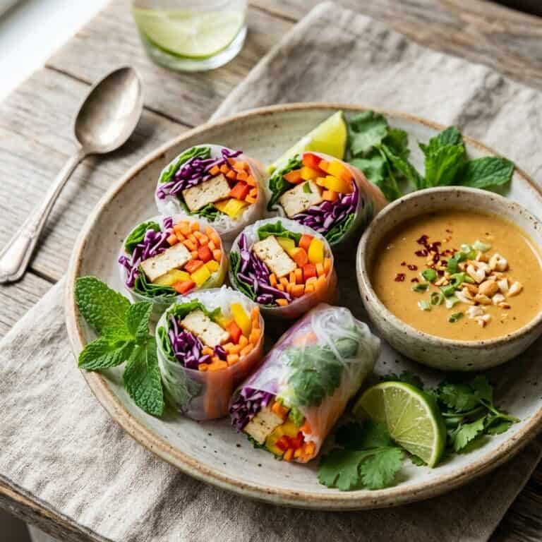 Halbierte frische Sommerrollen mit bunter Tofu- und Gemüsefüllung auf einer dunklen Platte neben einer Schale cremigem Cashew-Dip